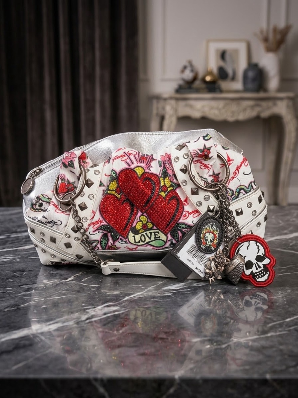 Ed Hardy White Clutch with Red Heart Sequin Graphic